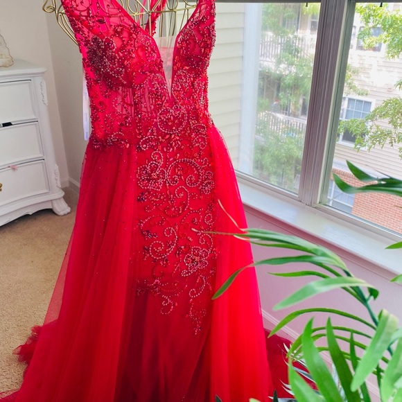 Red V neck ,over skirt gown, occasions long dress - Picture 4 of 5